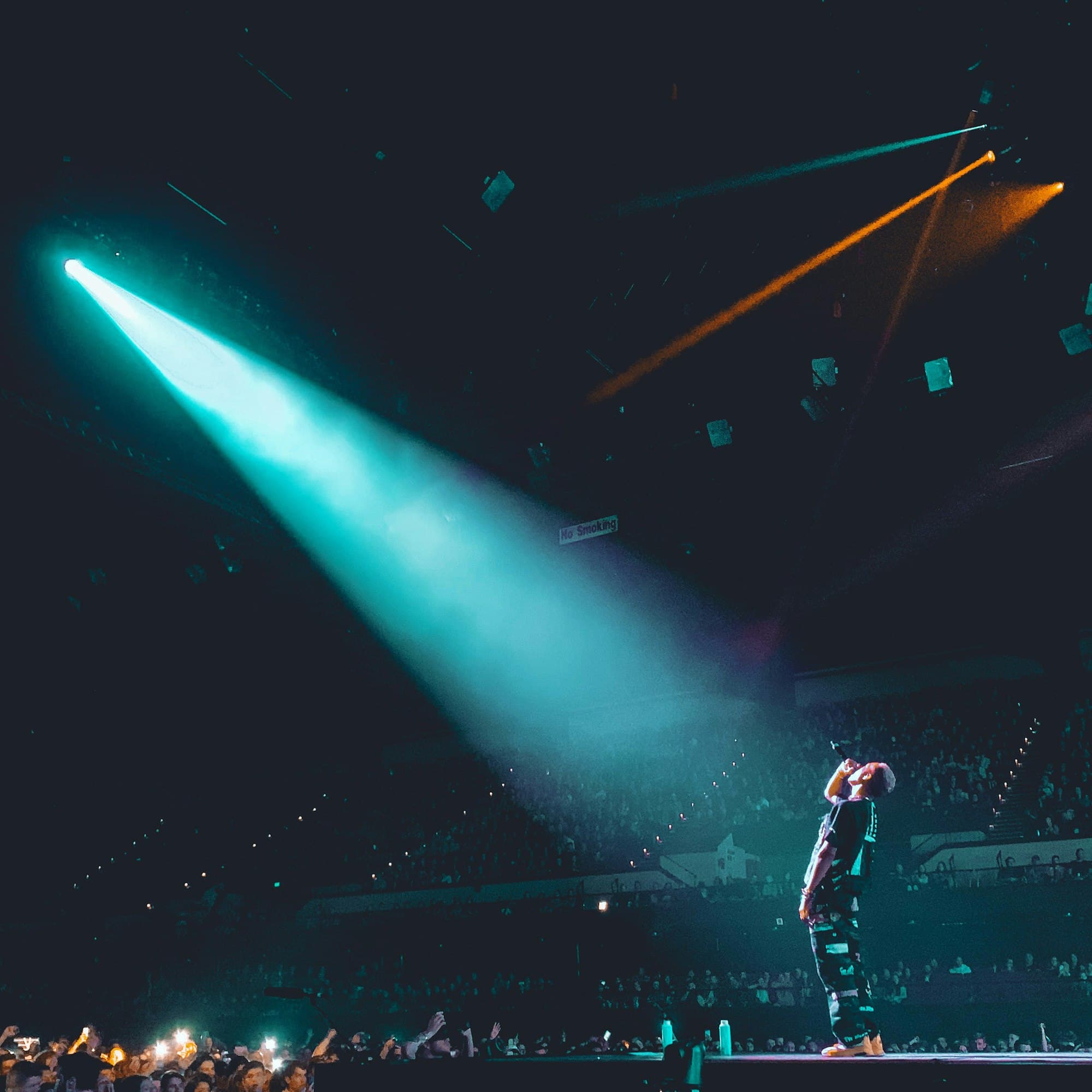 A performer under dramatic stage lighting
